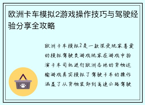 欧洲卡车模拟2游戏操作技巧与驾驶经验分享全攻略