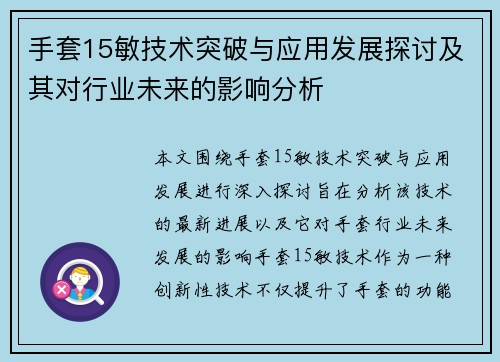 手套15敏技术突破与应用发展探讨及其对行业未来的影响分析